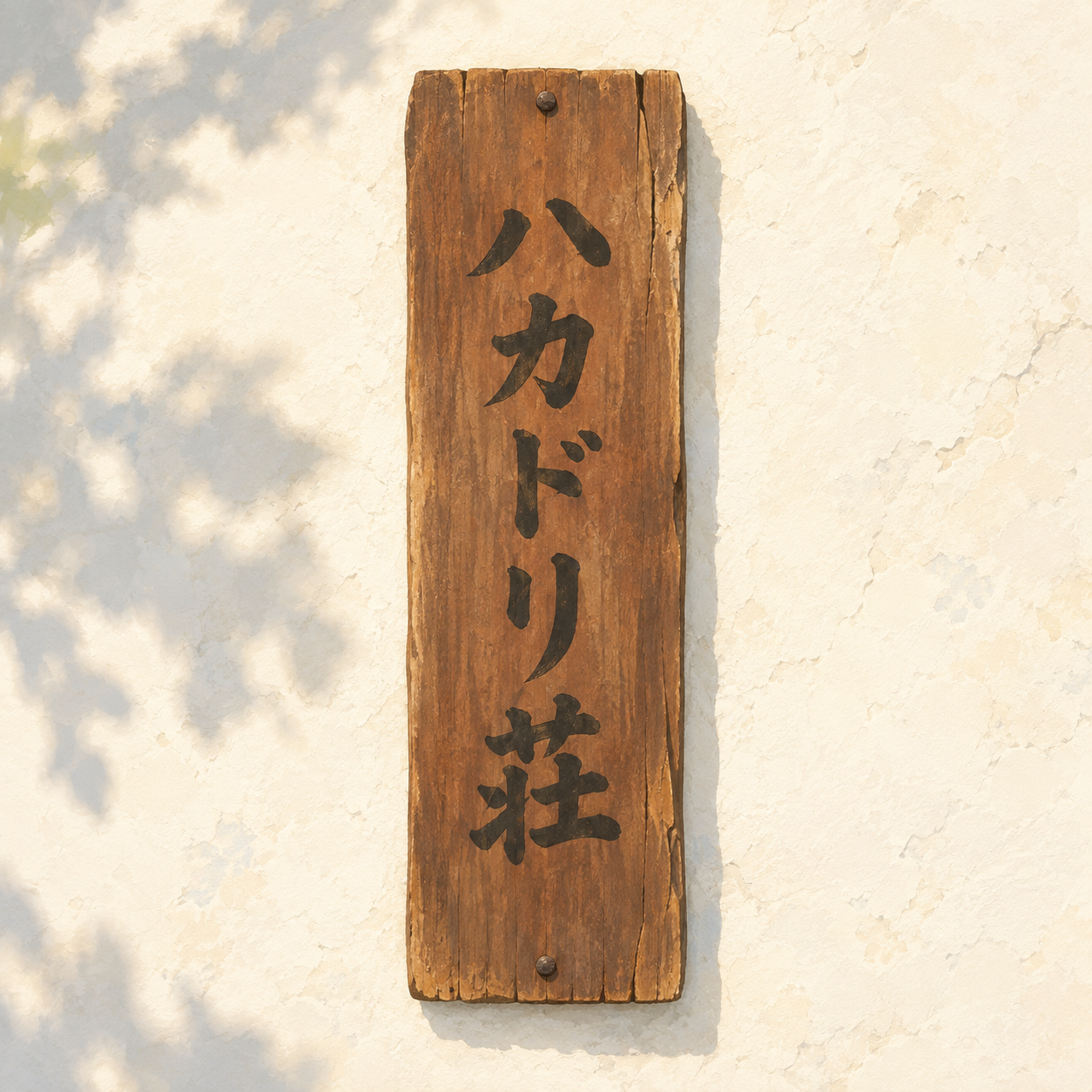 ハカドリ荘の古い木の表札（生成AIで作成）